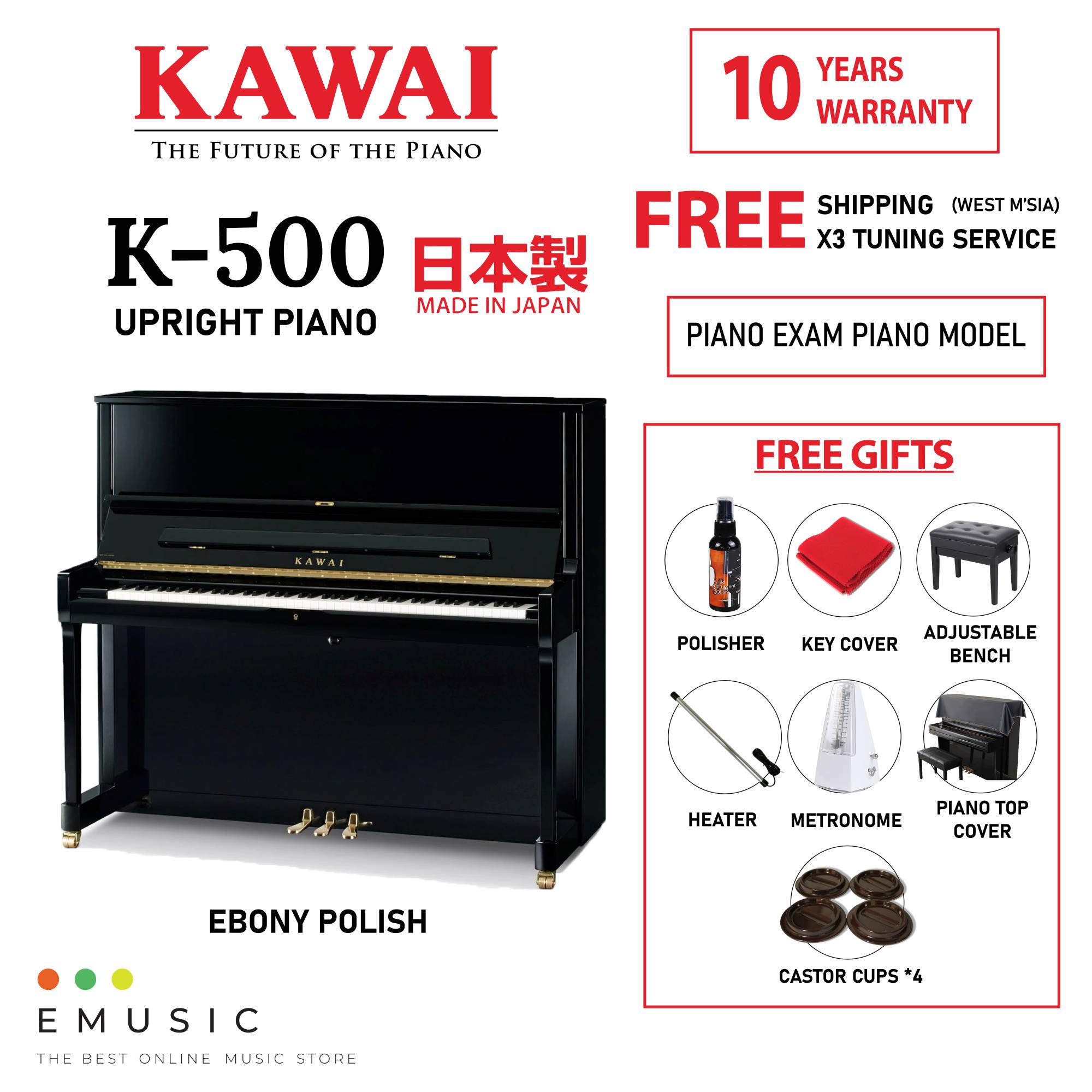 Kawai K500 Made in Japan Professional Brand New Acoustic Upright Piano Ebony Polish Emusic