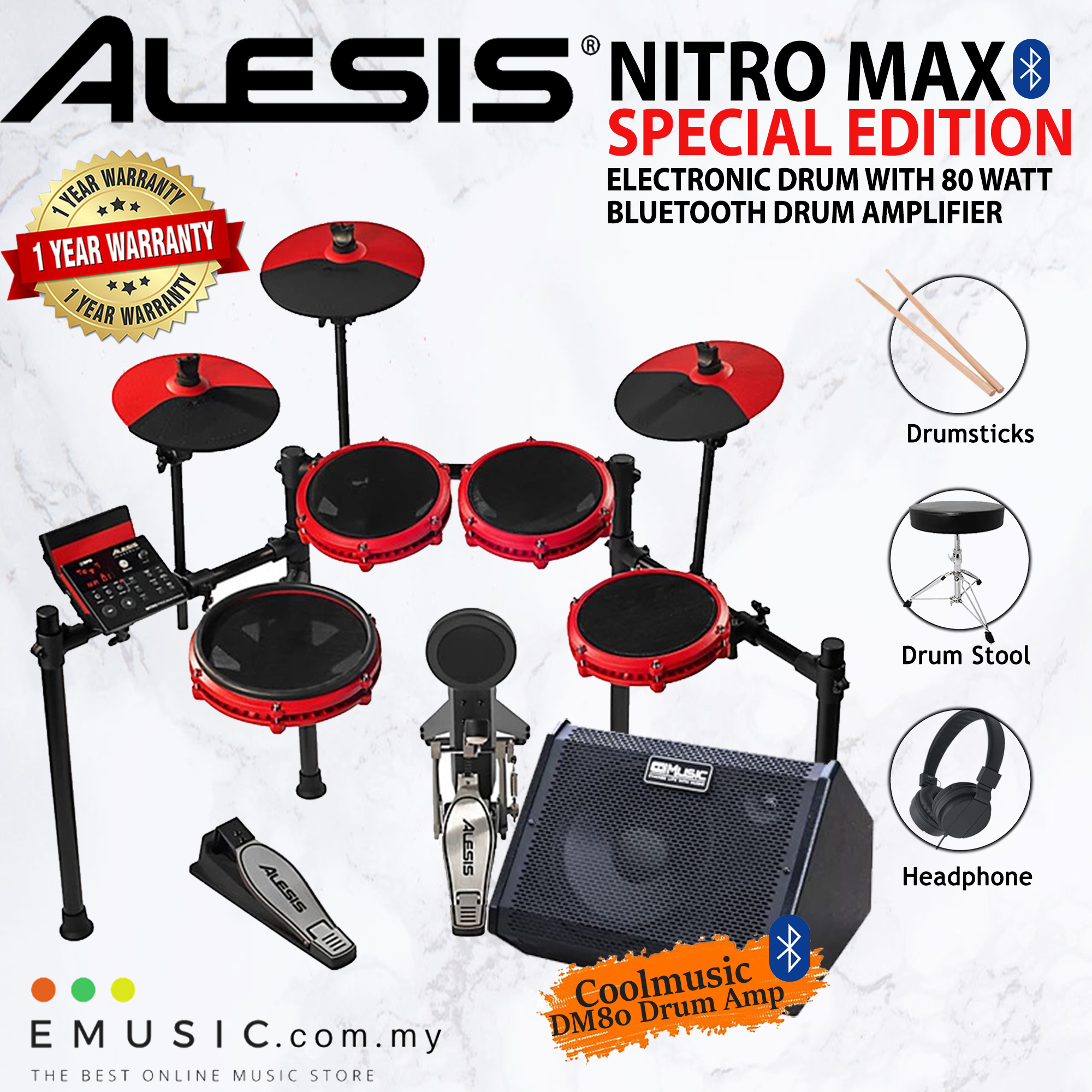 SPECIAL EDITION Alesis Nitro Max Eight Piece Electronic Drum Kit with Mesh Heads and Bluetooth with Powerful 80 Watt Bluetooth Drum Amplifier Emusic